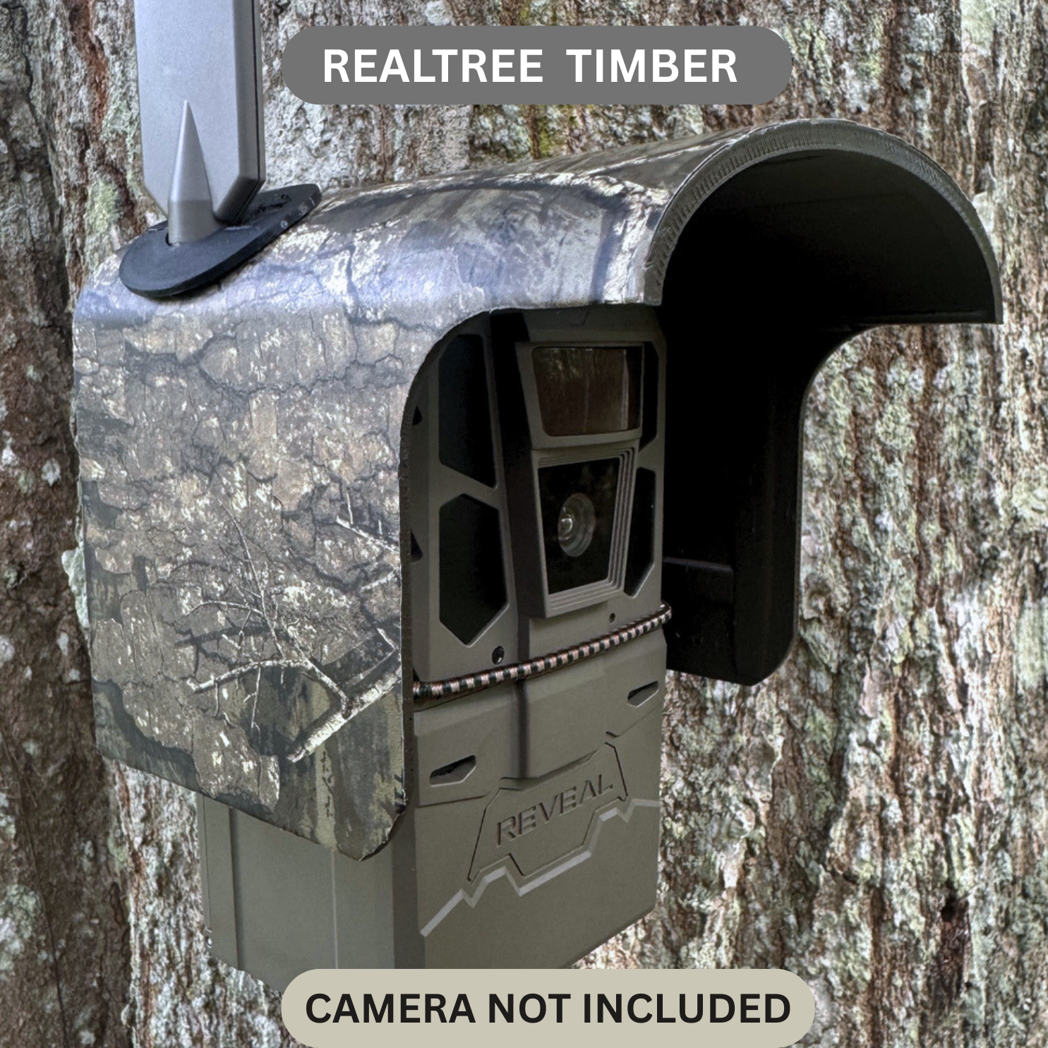 Made in the USA trail camera cover for the TACTACAM REVEAL 4.0 trail camera in REALTRE TIMBER camouflage. Protective trail camera cover keeps your game camera operating in in climate weather.