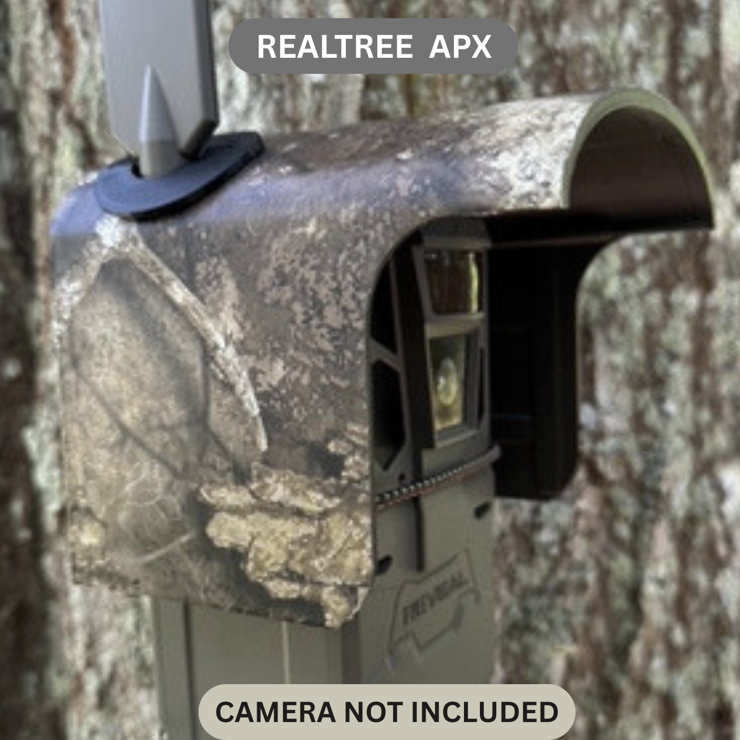 Made in the USA trail camera cover for the TACTACAM REVEAL 4.0 trail camera in REALTRE APX camouflage. Protective trail camera cover keeps your game camera operating in in climate weather.